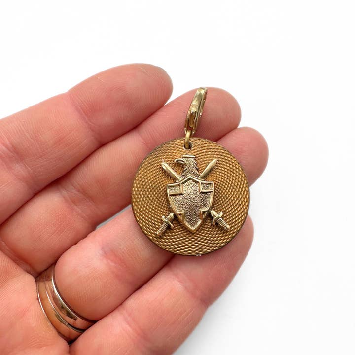 Lulu’s Petals - Wholesale Individual Charm/Pendant - Antique gold textured French button charm with shield embellishment1