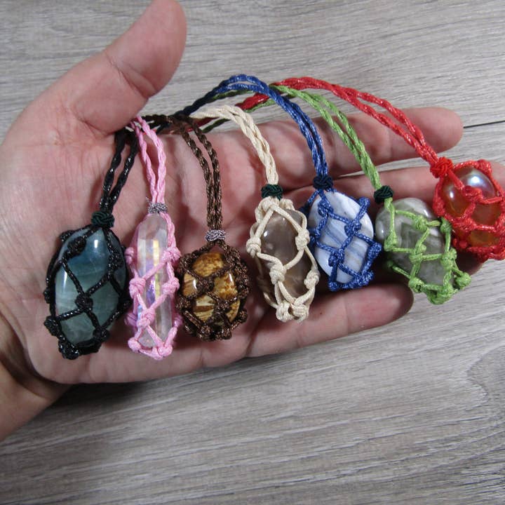 Adjustable Macrame Crystal Cage Necklace – Gemstone Holder and other Purchase Wholesale boho charms. Free Returns & Net 60 Terms on Faire trending on Faire.