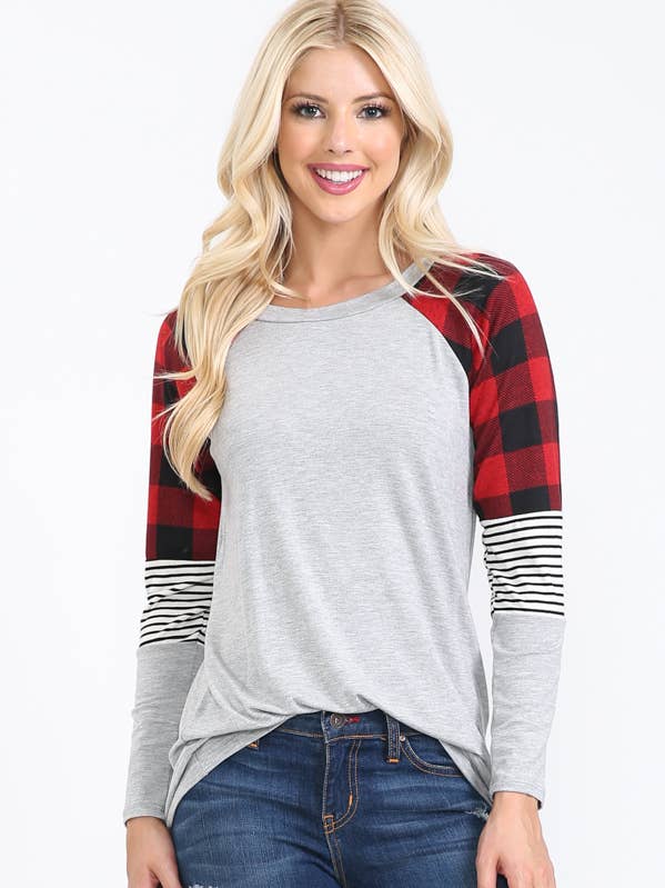 BASEBALL TUNIC WITH BUFFALO PLAID CONTRAST SLEEVES for wholesale by Burgundy Apparel