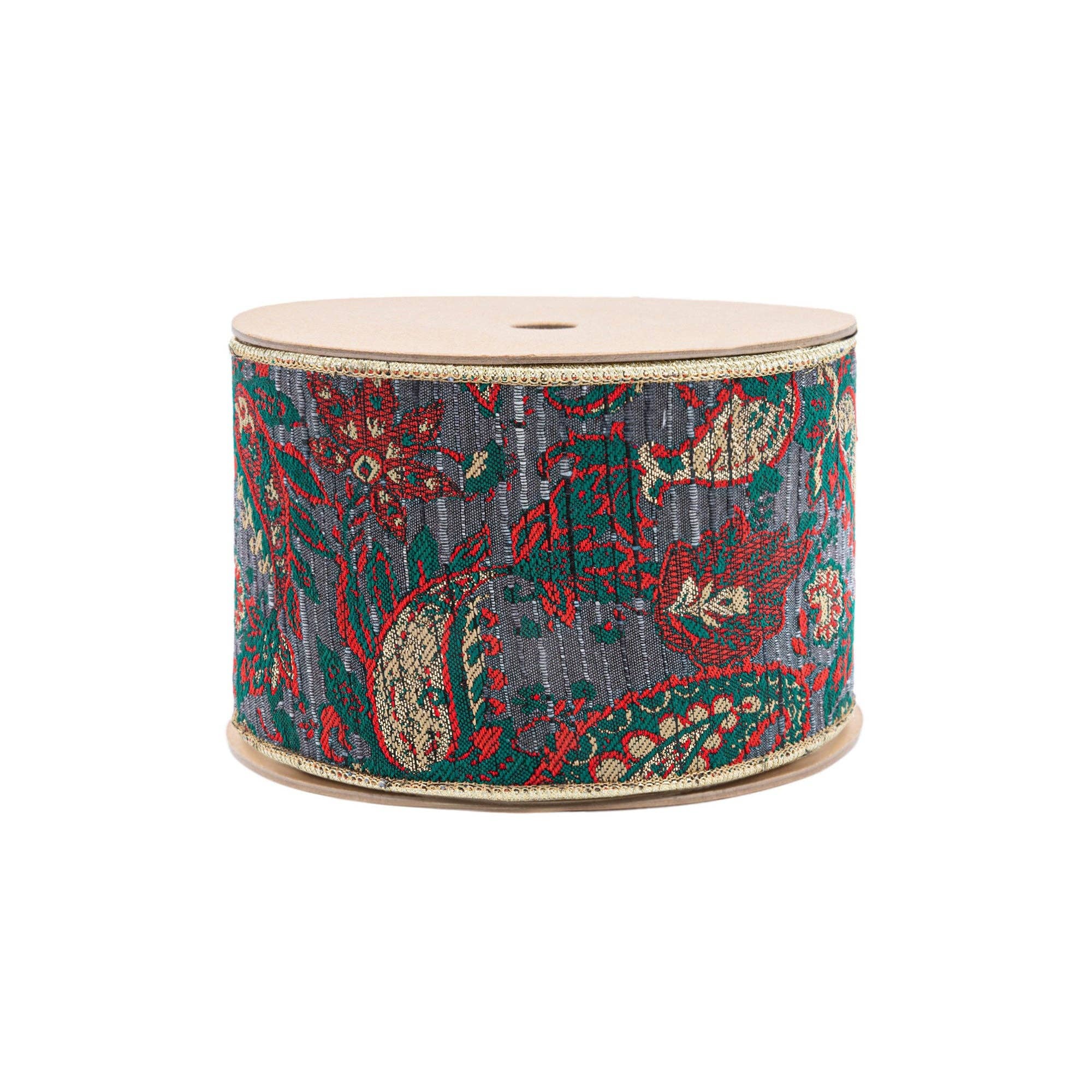 LA Ribbons Wholesale – Großhandel Band – Geschenke verpacken – 10-Yard-Rolle 4" Draht-Jacquardband | Burgunder Damast Paisley mit goldener Dupioni-unterfütterung1