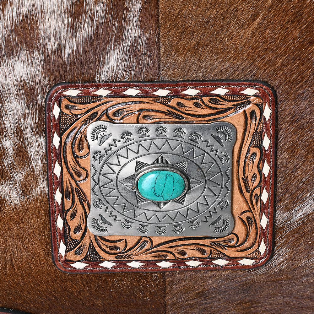 LS Western – Großhandel Weekender-Tasche – Damen – ADBG608 Haar-auf-Haut Rindsleder Reisetasche mit geprägtem Leder & Fransen Western Weekender mit Türkis Concho7