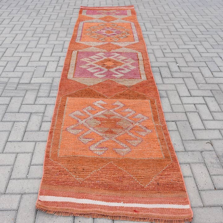 Vintage Orange & Purple Rug, 2.8x11.3 Ft Handmade Geometric Rug for wholesale by Vintage Rugs Loom