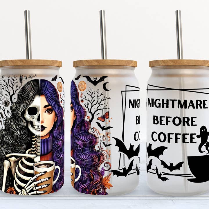Nightmare Before Coffee Spooky Halloween 16oz Frosted Libbey for wholesale by Kate Haven Glass Tumblers for Every Occasion