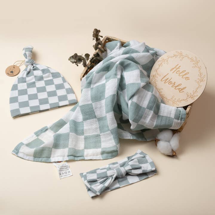 Miaoberry – wholesale Swaddleset - Baby – Ekologiskt muslinsvepset med matchande mössa och rosett, salviarutigt