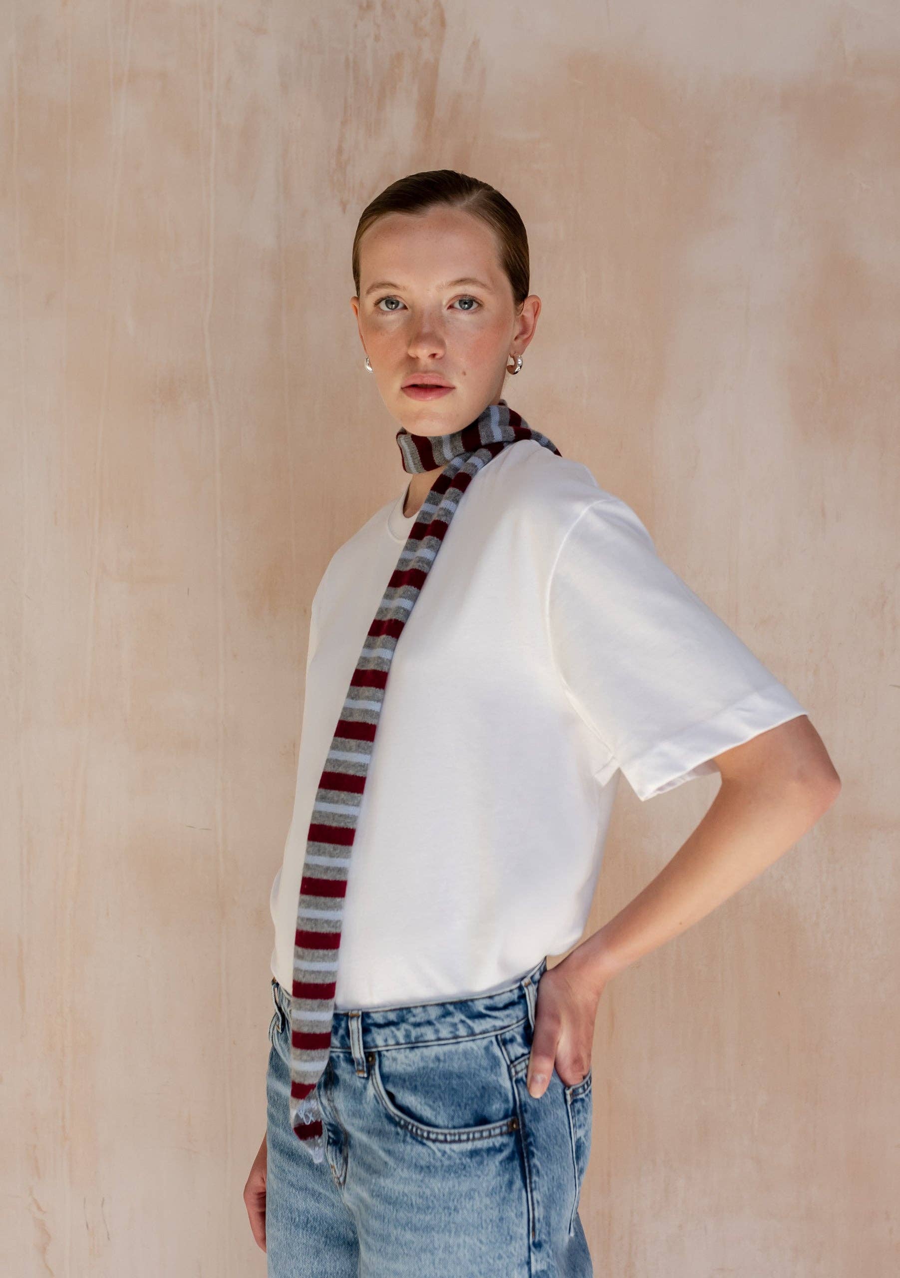 TBCo – wholesale Scarf – Women's – Merino Wool Neck Tie in Burgundy Stripe1