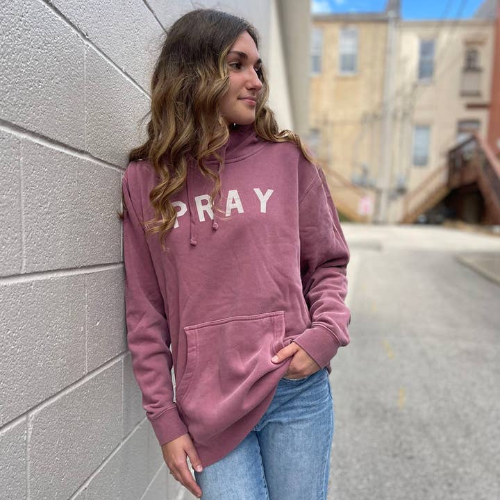 Pray Hooded Sweatshirt in Maroon for wholesale by Etch & Co