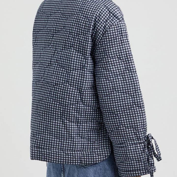 black Reversible Gingham floral ruffle trim Quilted jacket for wholesale on Faire