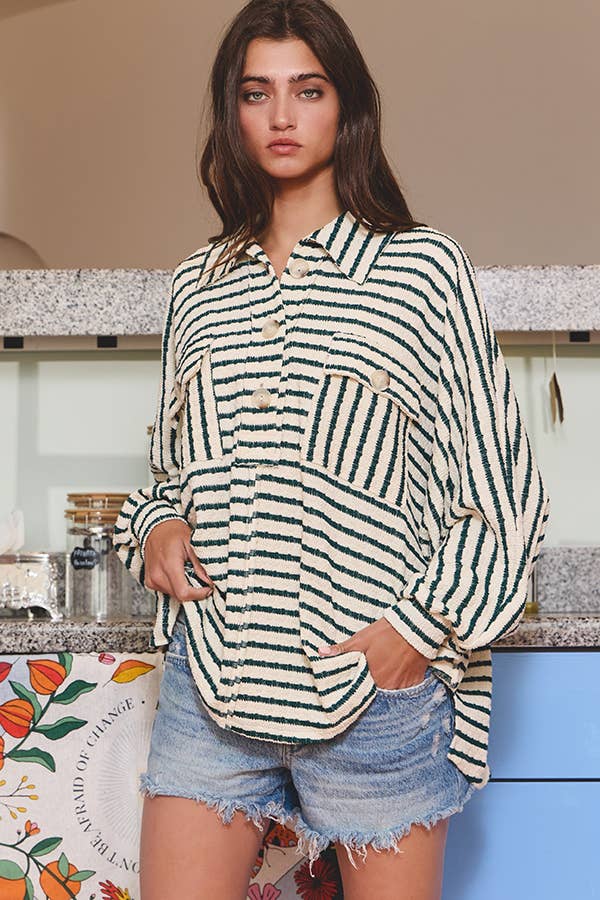 BUCKETLIST INC – wholesale Sweatshirt – Women's – T1578-5  Collared Oversized Button Up Stripe Pullover Top28