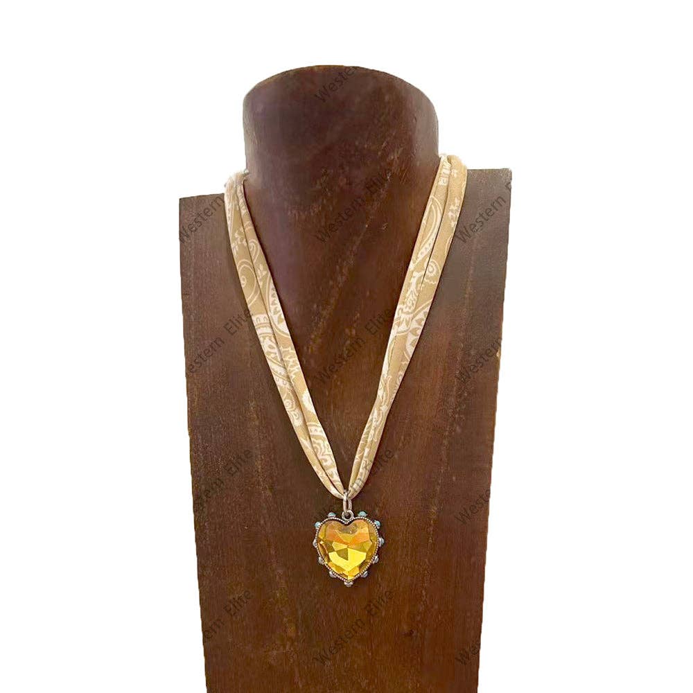 Western Elite Jewelry – wholesale Pendant/charm necklace – NKS251013-02-BEIGE-GOLD     16'' L print scarf Necklace with gold crystal heart Pendent0