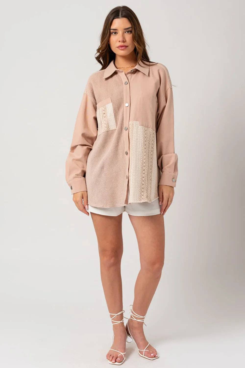 Dusty Blush Mixed Media Button Down Waffle Knit Shacket for wholesale on Faire5