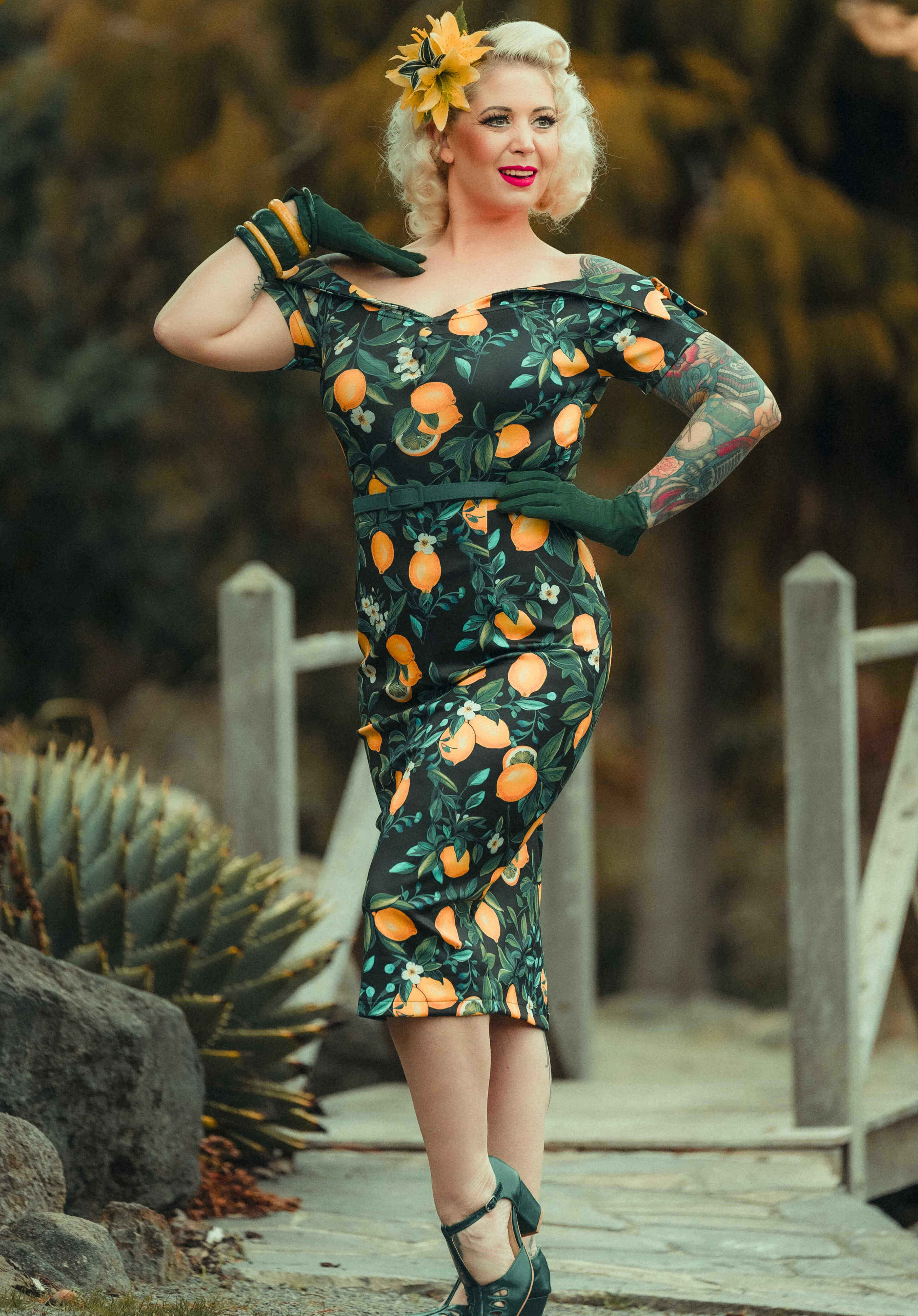 Dolly & Dotty - Wholesale Dress - Women's - Monroe Off-the-Shoulder Pencil Dress in Black Lemon Print10