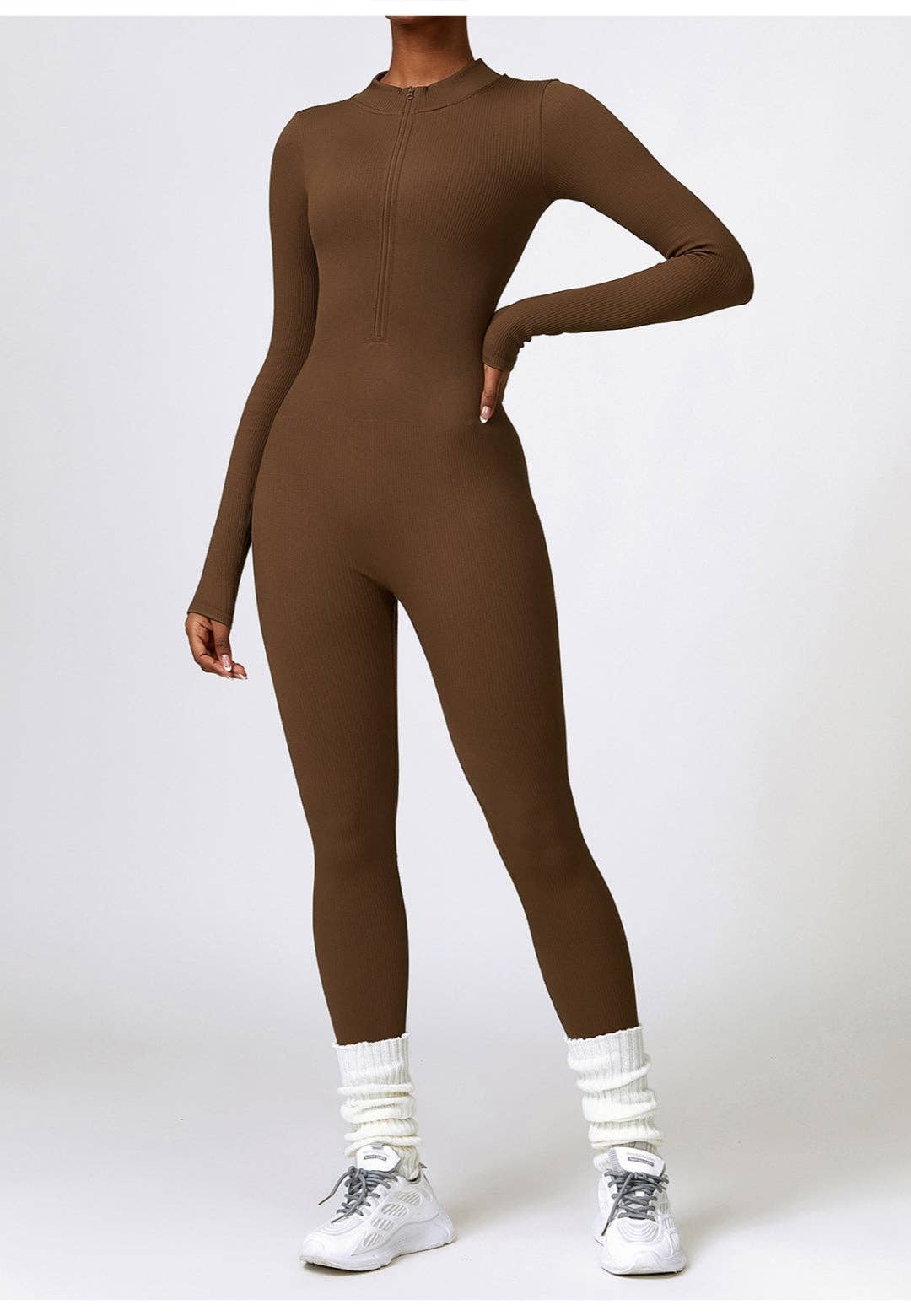 Active by Anna-Kaci – wholesale Unitard – Women′s – Zip-Up Ribbed Knit Unitard Jumpsuit3