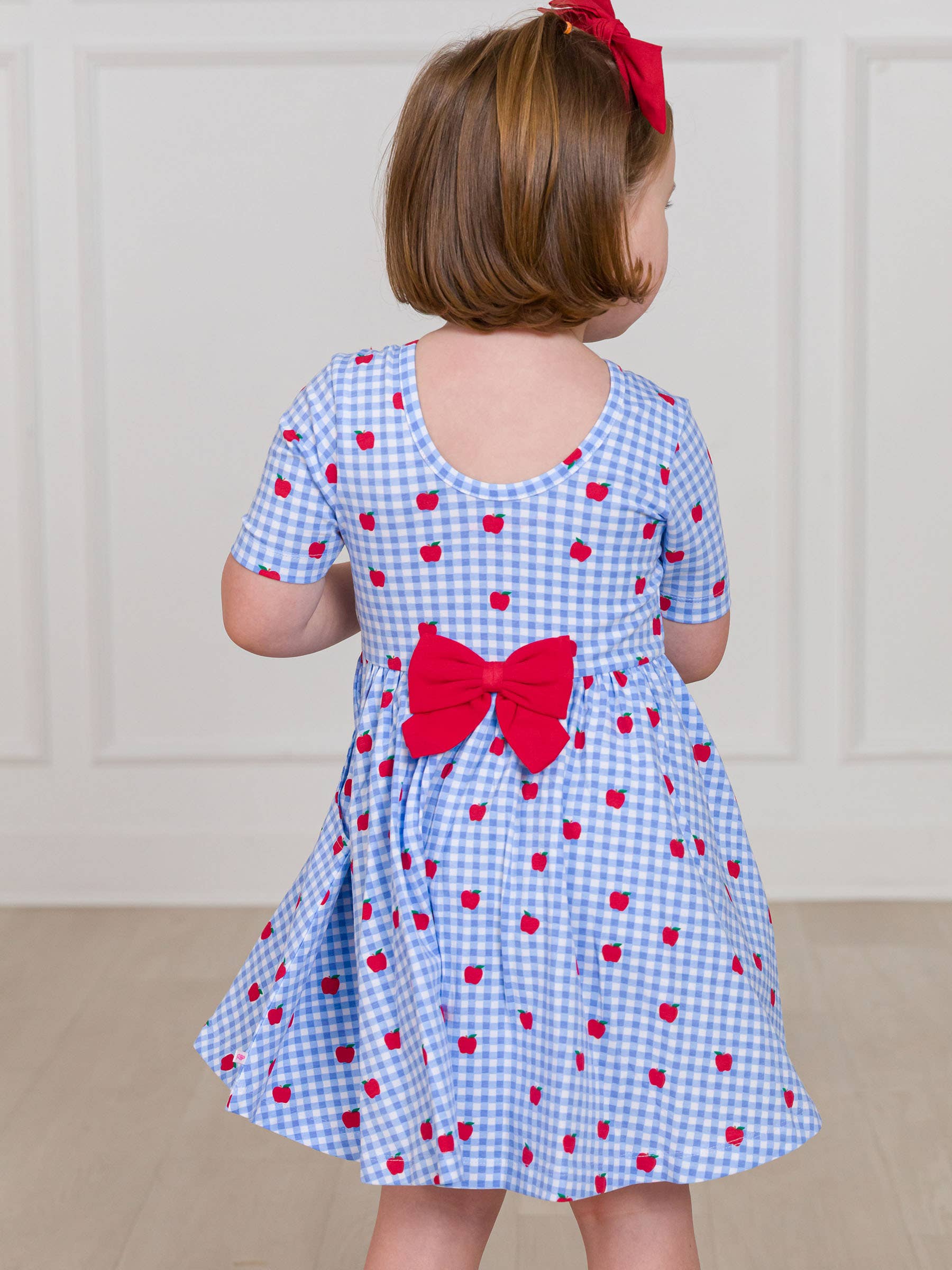 Blue Girls Apple Orchard Gingham Short Sleeve Knit Twirl Dress for wholesale on Faire0