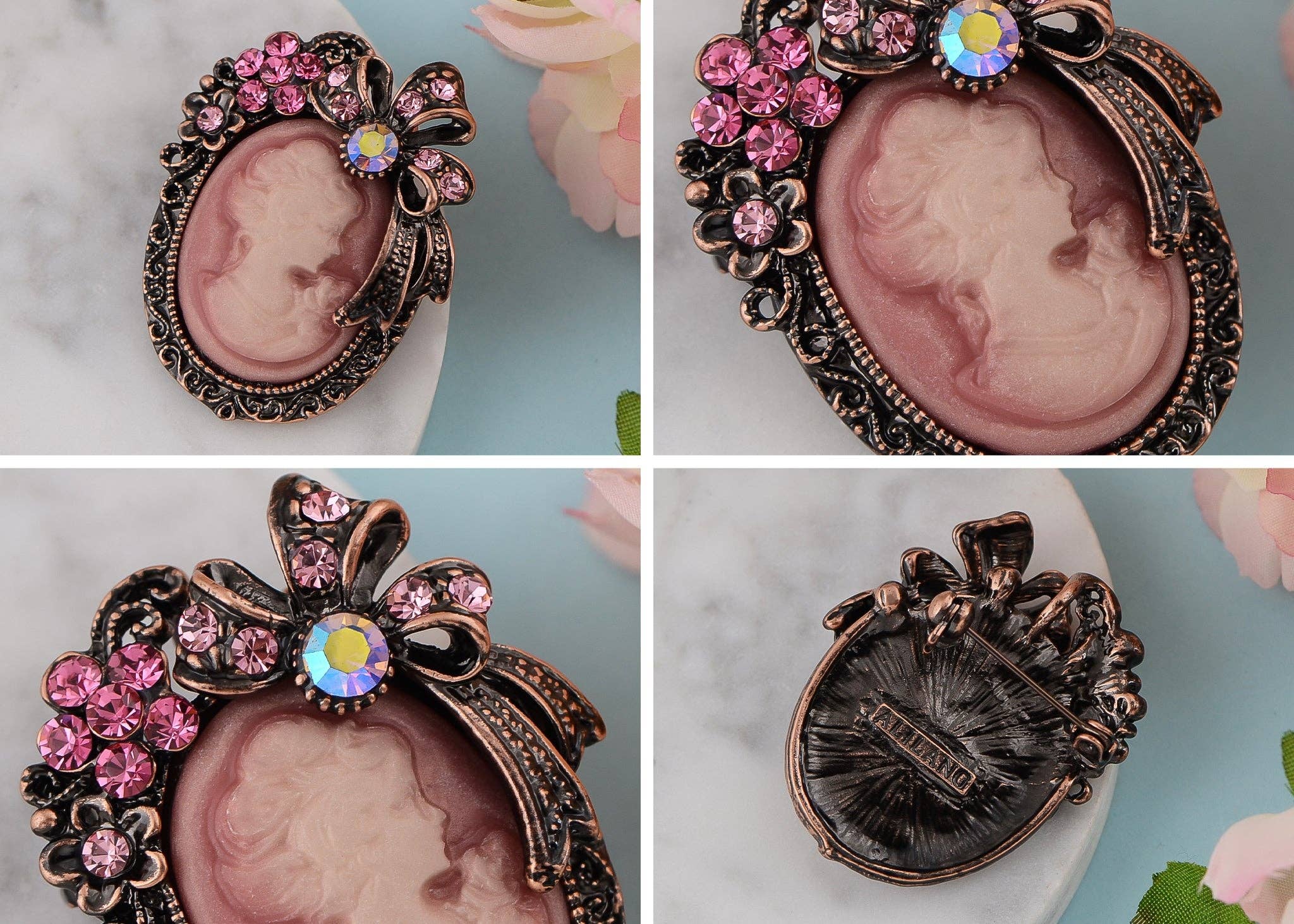 AK Brand - Wholesale Brooch - Vintage Victorian Cameo Brooch Maiden Flower Ribbon Bow37