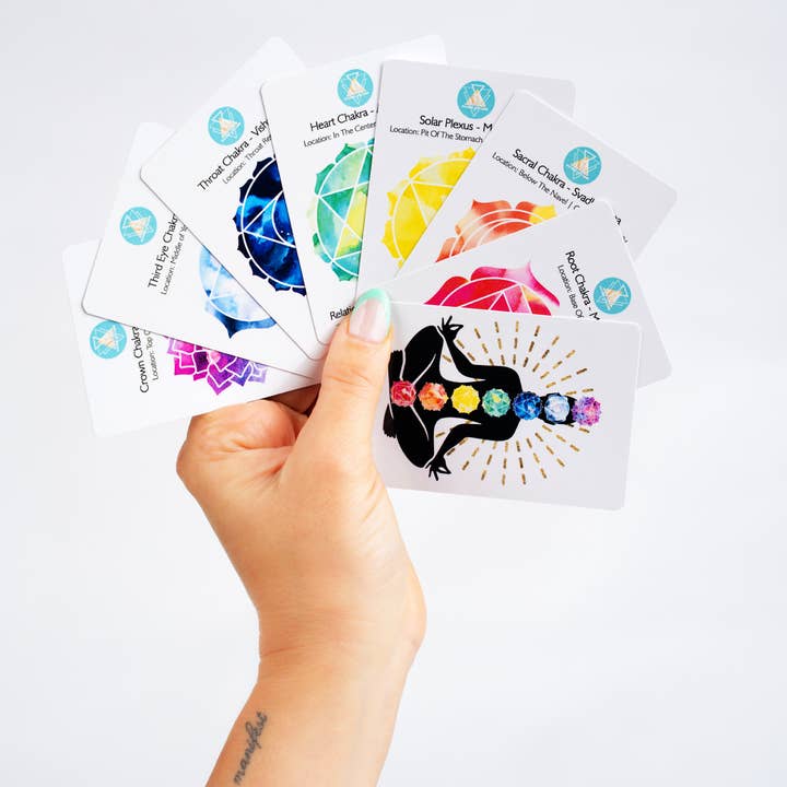 Chakra Card Set With 8 Cards and 7 Crystal Set White Box for wholesale on Faire7