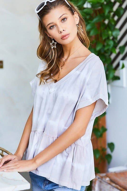 GREY V Neck Drop Shoulder Baby Doll Tie-Dye Top for wholesale on Faire15