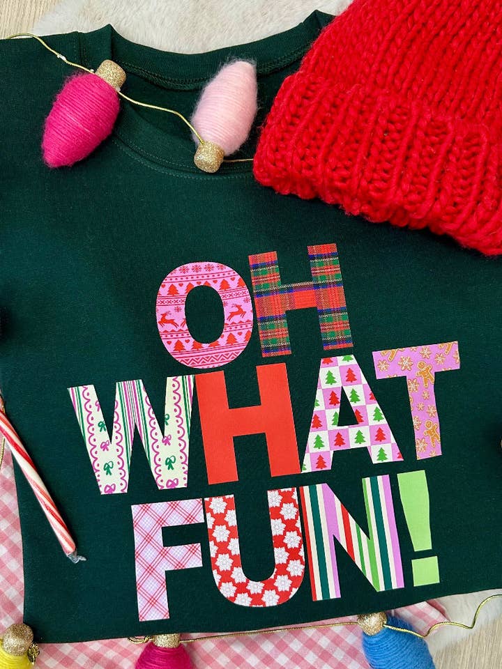 Forest 'Oh What Fun!' Colorful Christmas Crewneck for wholesale on Faire