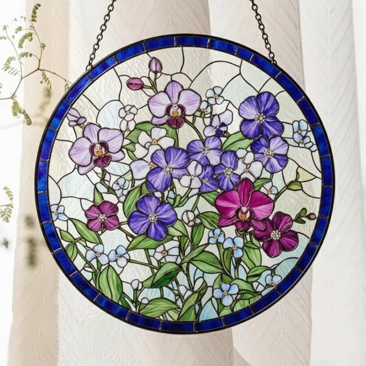Purple Orchid Stained Glass Suncatcher, Wildflower Decor for wholesale by TMLECOM LTD