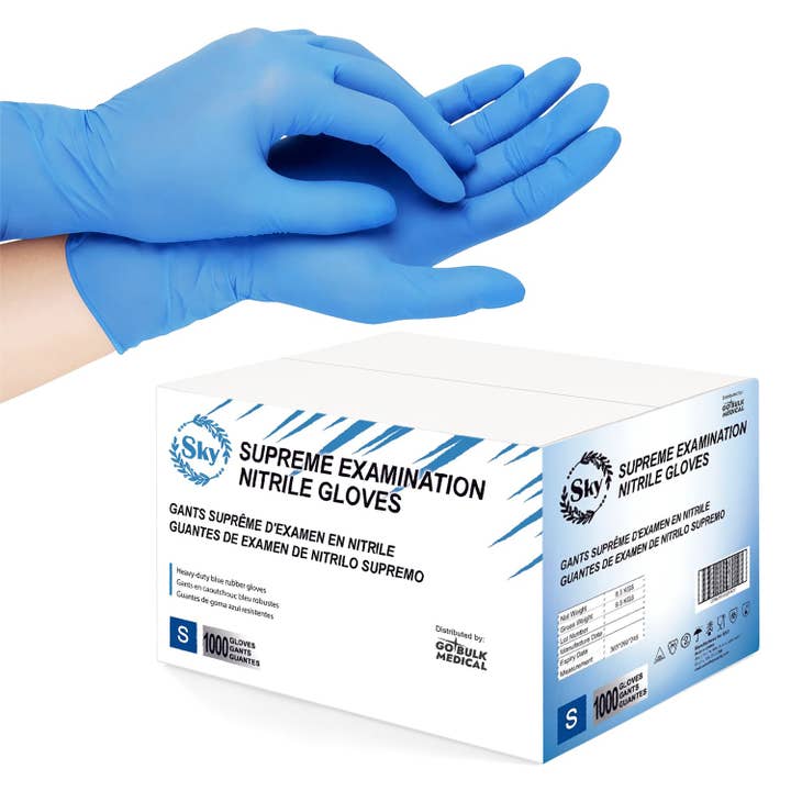 Sky Nitrile Exam Gloves Case of 1000 4 mil Thick Powder-Free Heavy Duty Disposable Blue Gloves for wholesale by Go Bulk Medical