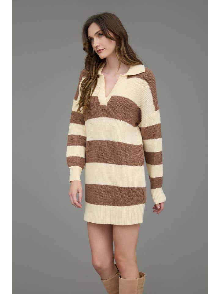 Blu Pepper - Wholesale Dress - Women's - STRIPE COLLARED LONG SLEEVE MINI SWEATER DRESS