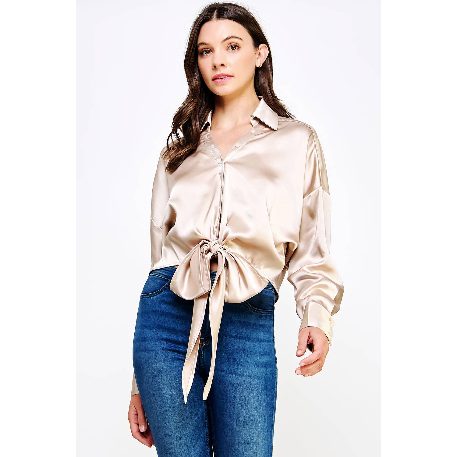 Strut & Bolt - Wholesale Button Down Shirt - Women's - Button Down Waist Tie Satin Shirt Top12