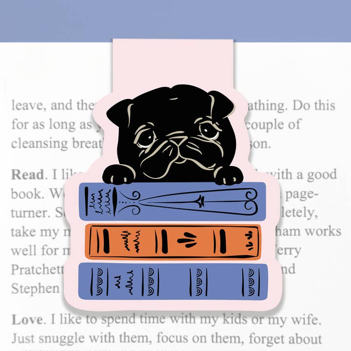Lucy Loves Paper - Wholesale Bookmark - Magnetic Bookmark | Black Pug Dog & Books