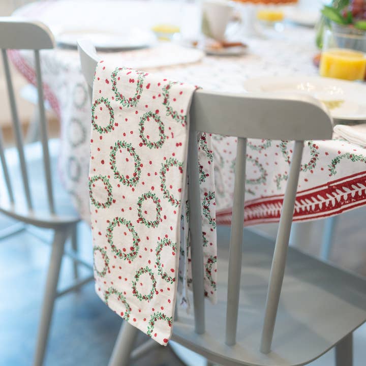 Mended - Wholesale Tea Towel - Tea Towel - Wreath, Evergreen & Red