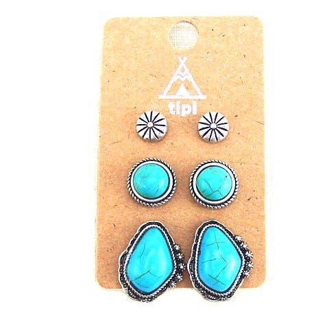 Set di 3 paia di orecchini a perno turchesi Western per la vendita all'ingrosso da parte di Snowing West