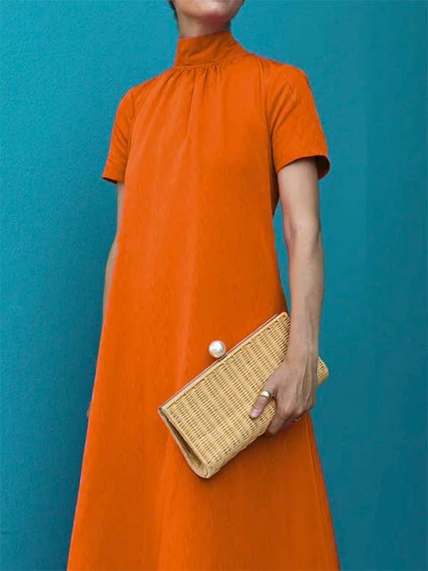 FurDecoration - Wholesale Dress - Women's - Relaxed Fit Short Sleeve Solid High-Neck Maxi Dress3