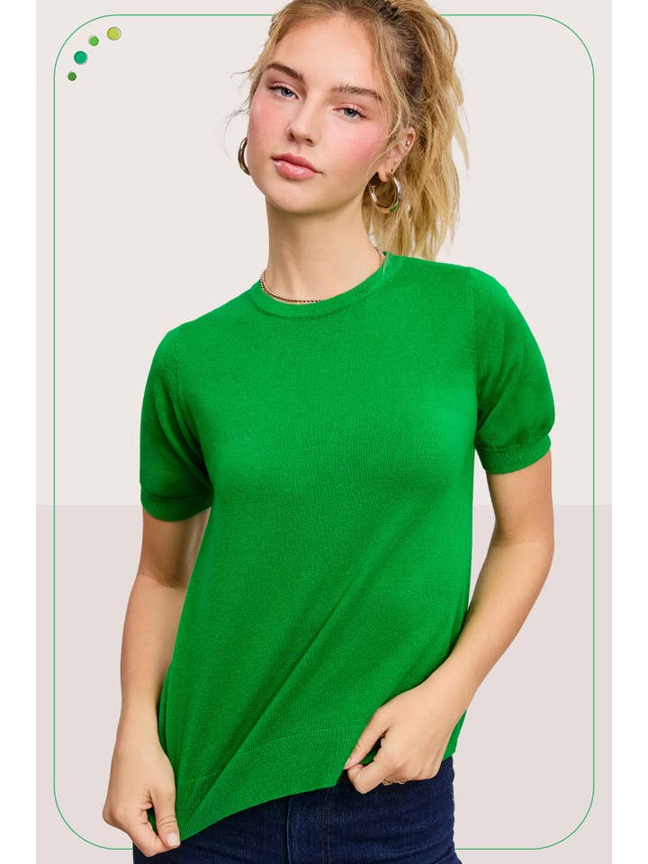 La Miel - Wholesale Knit Sweater - Women's - MCS3600-Soft Short Puffy Sleeve Basic Stretchy Knit Top