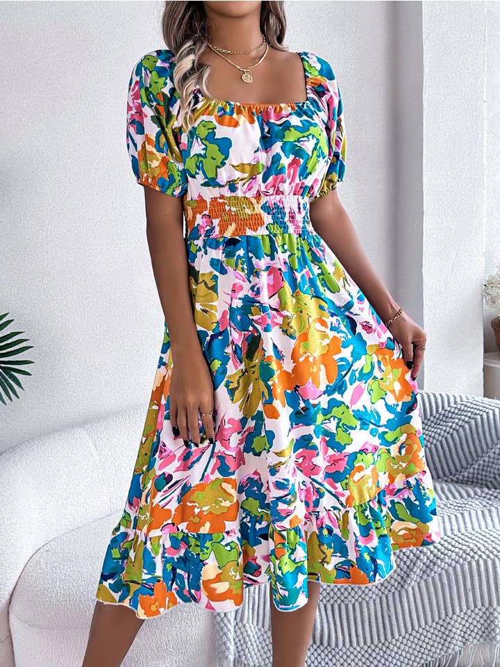 Wholesalesir - Wholesale Dress - Women's - Flower Square Neck Short Sleeved Dress