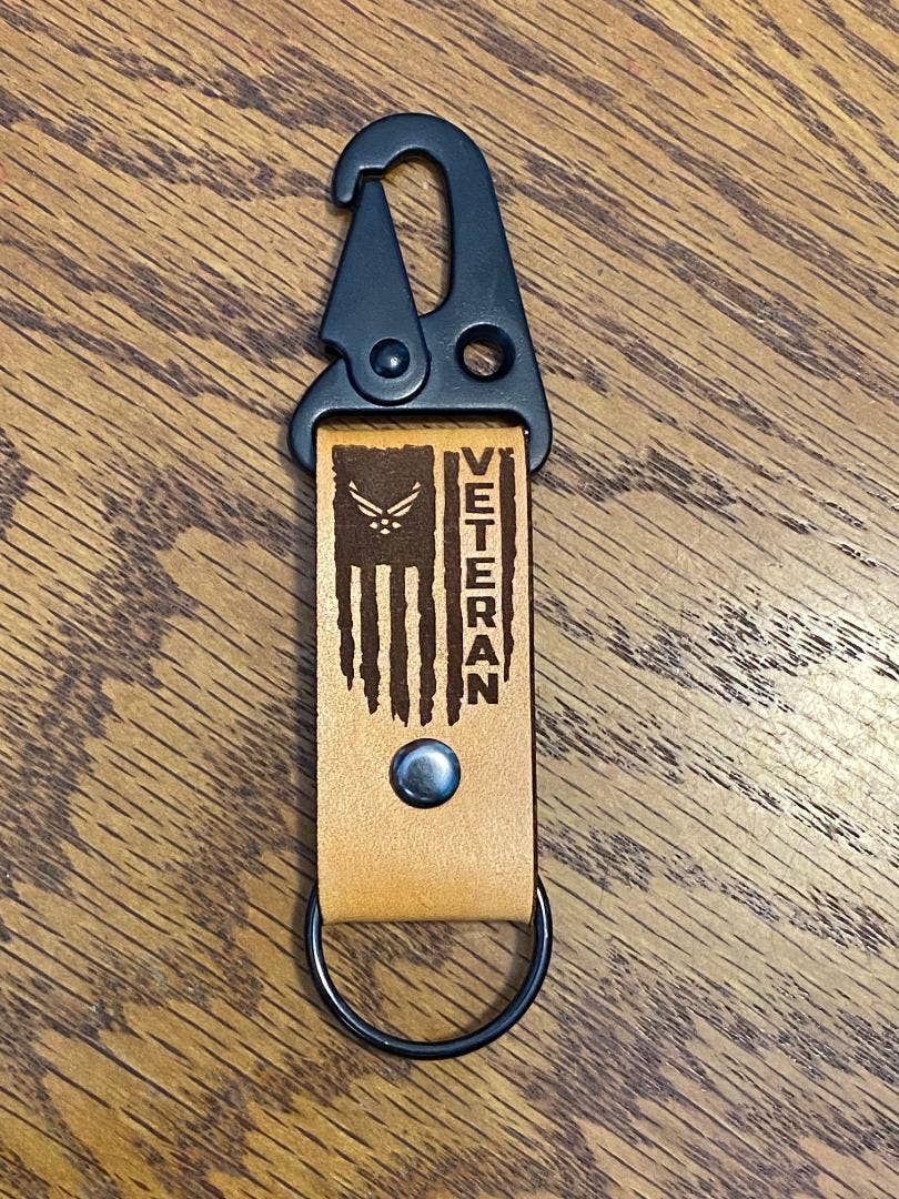 DK LaserWorx - Wholesale Keychain - Unisex - U.S. Military Leather Key Chain with a Black Rifle Sling Clip Personalized with Name, Base, and Dates0
