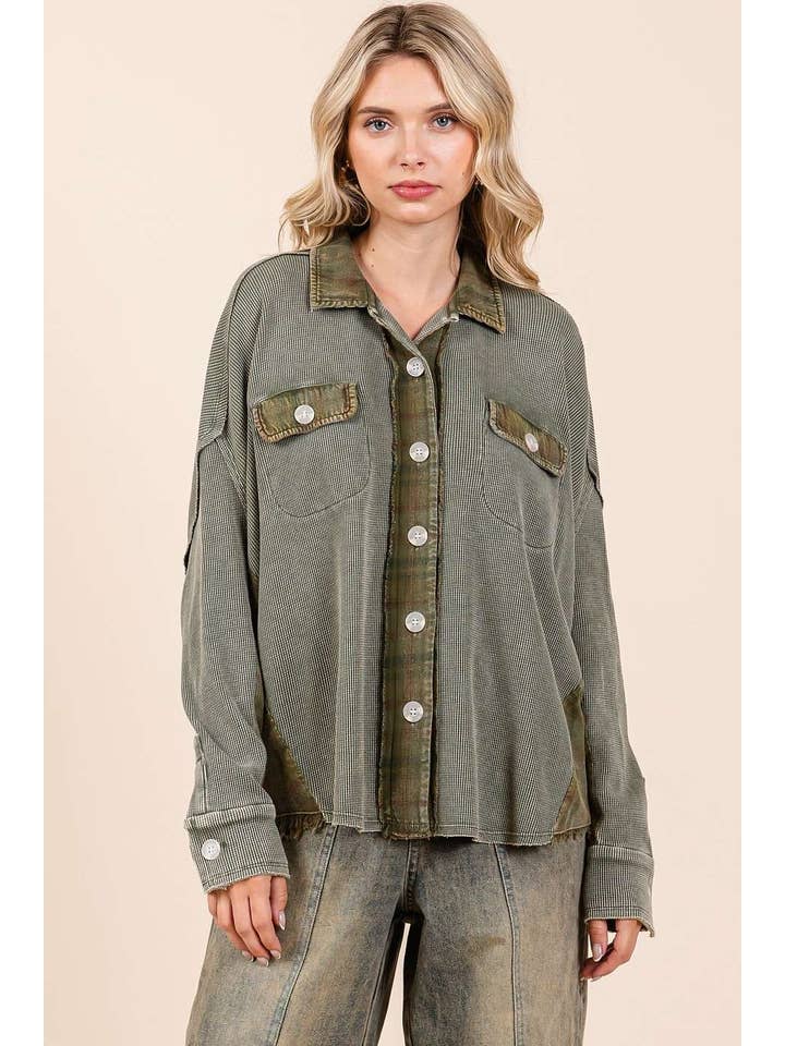 mittoshop - Wholesale Shirt Jacket/Shacket - Women's - MINERAL WASH PLAID CONTRAST WAFFLE KNIT SHACKET12