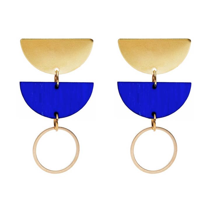 Brincos Jenny em Madeira Lasercut Azul e Latão (+ Cores) por atacado de Shock of Grey