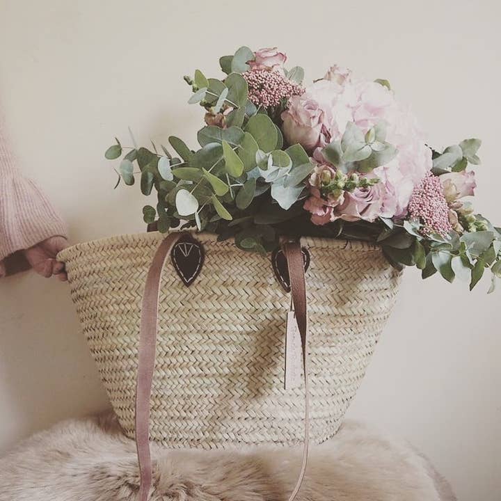 Beige Brown Best Straw Tote Bag Long Flat Leather Handle French Baskets for wholesale on Faire