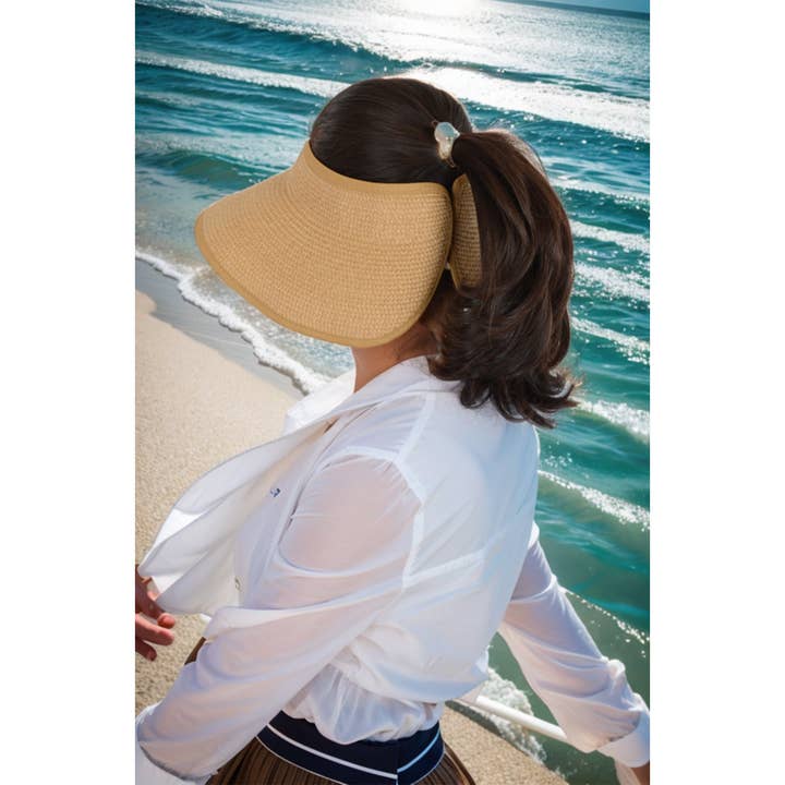 AK Brand – wholesale Visor – Women's – Wide Brim Roll-Up Straw Sun Visor Packable Beach Hat UV20