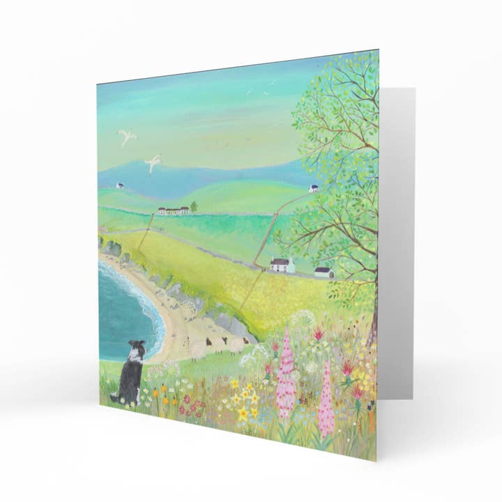 Border collie + skotskt landskapshälsningskort. Perfekt för naturälskaren i ditt liv. Handtryckt. Landskap, vildblommor, får. för wholesale av Galloway Arts