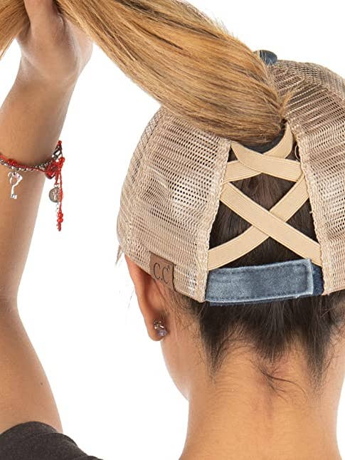 Criss Cross Ponycap - Navy for wholesale by Funky Junque