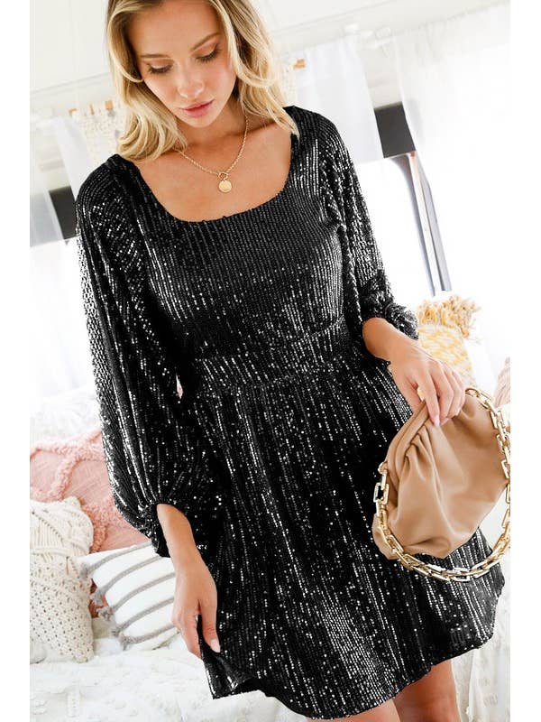 BALLONG ÄRM FYRKANTIG HALS ÖPPEN RYGG PALJETT KLÄNNING för wholesale av Pink Irene Wholesale