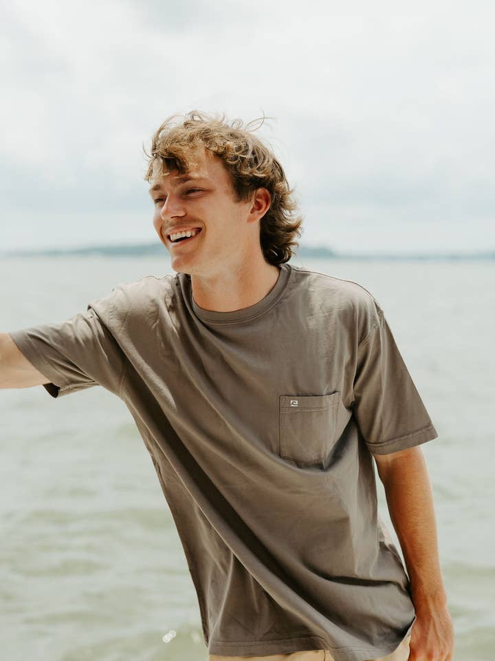 WaveWashed Ultra Soft Gray Pocket T-Shirt for wholesale by Fulton Apparel Company