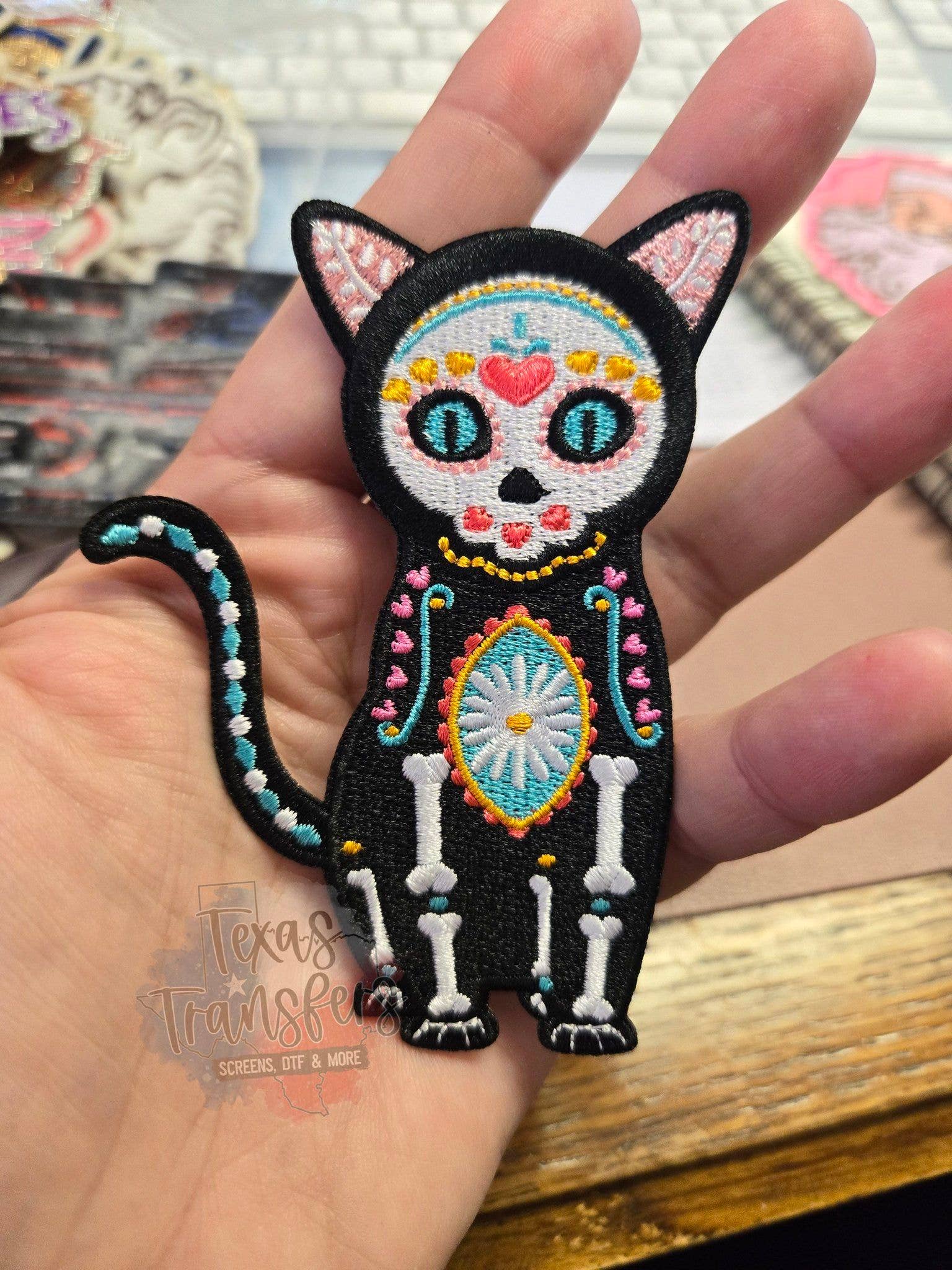 Texas Transfers - Wholesale Patch - Cat Gato Dia de Los Muertos Iron on Patch0