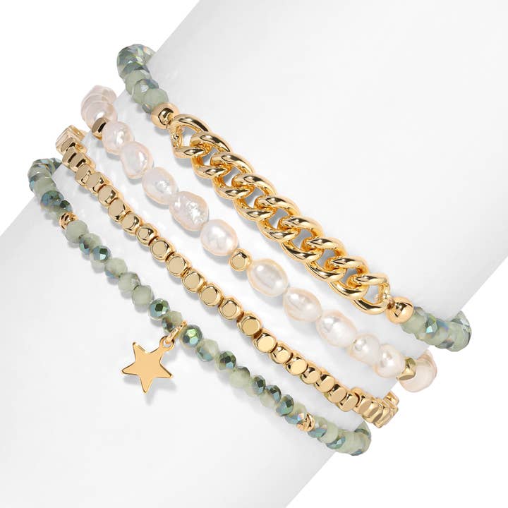 My Fun Colors - Wholesale Jewelry Set - Baroque Pearls, Green Crystals + Gold | Stretch Bracelets S4