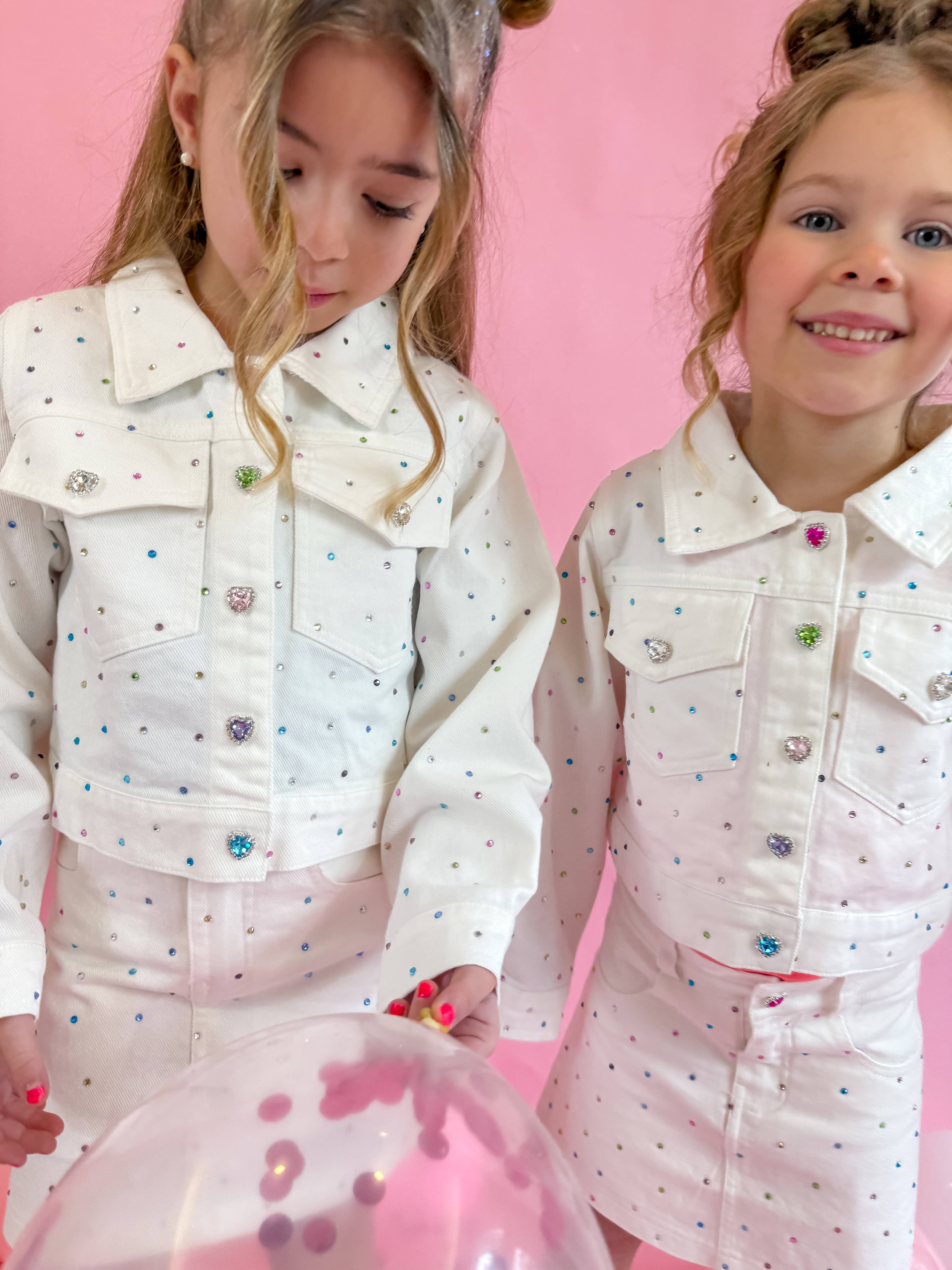 Ellie and Mila - Vente Ensemble haut et jupe – enfant - Ensemble Gemmes en Denim Blanc - Veste et Jupe tendance3
