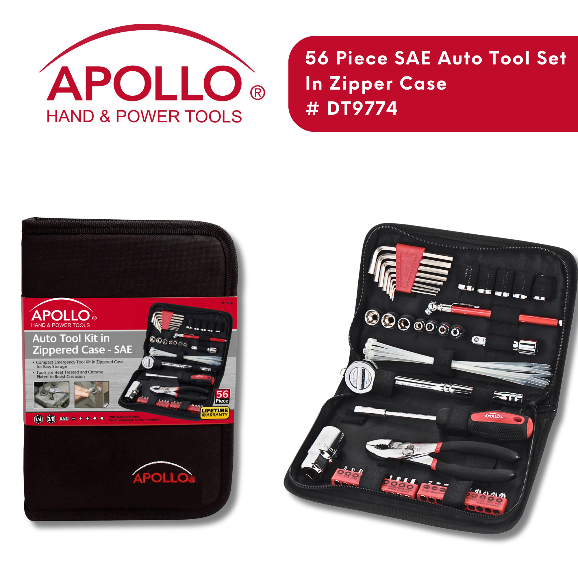 Apollo Tools - Wholesale Tool Set - 56 Piece SAE Auto Tool Set In Zipper Case2