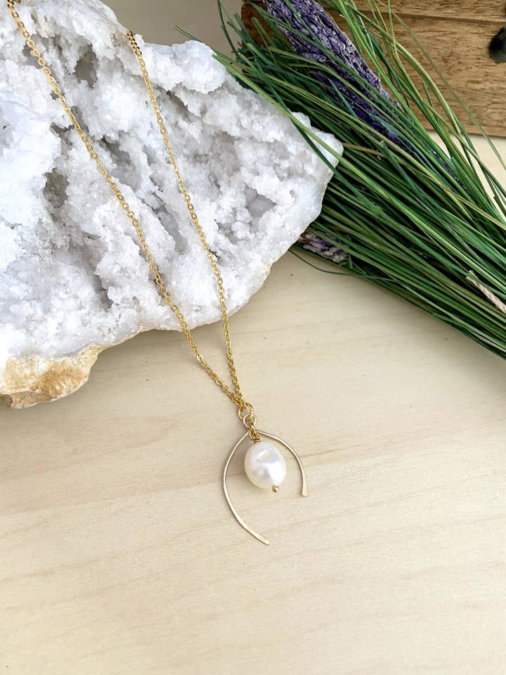 Wish Bone Necklace with A Freshwater Pearl Drop for wholesale by Pyrite and Pearls