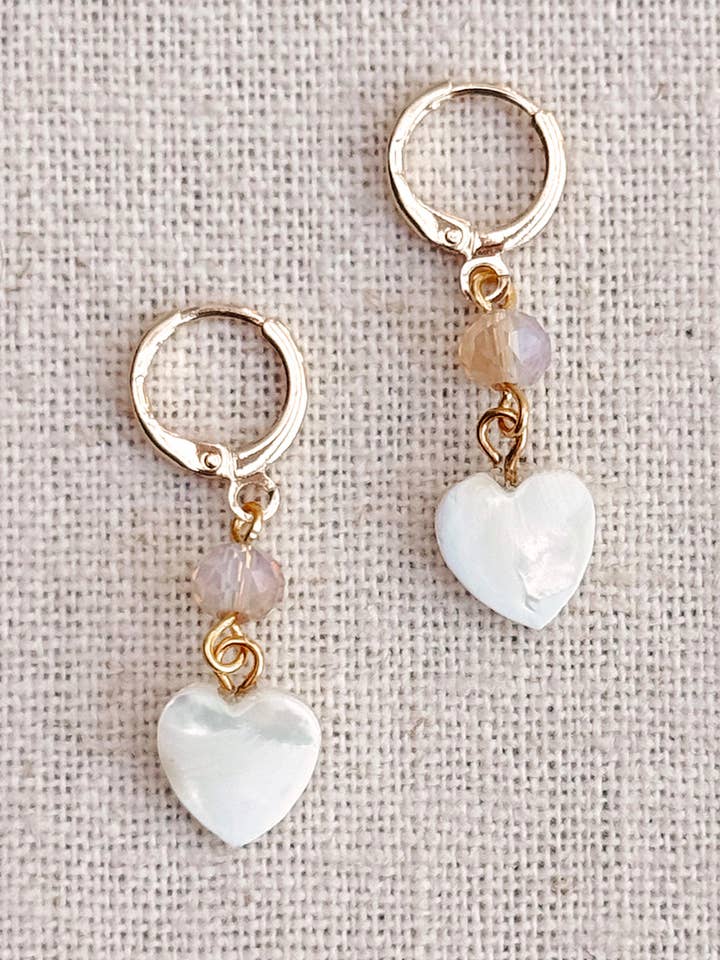 Gold Crystal & Mother-of-Pearl Heart Earrings for wholesale by Gracie Rose Designs