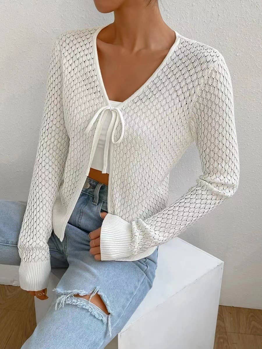 White Textured Lace-Up Cutout-Knit Cardigan for wholesale on Faire2