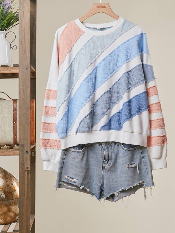COLORBLOCK TEXTURED STRIPE PULLOVER TOP for wholesale by Mello.