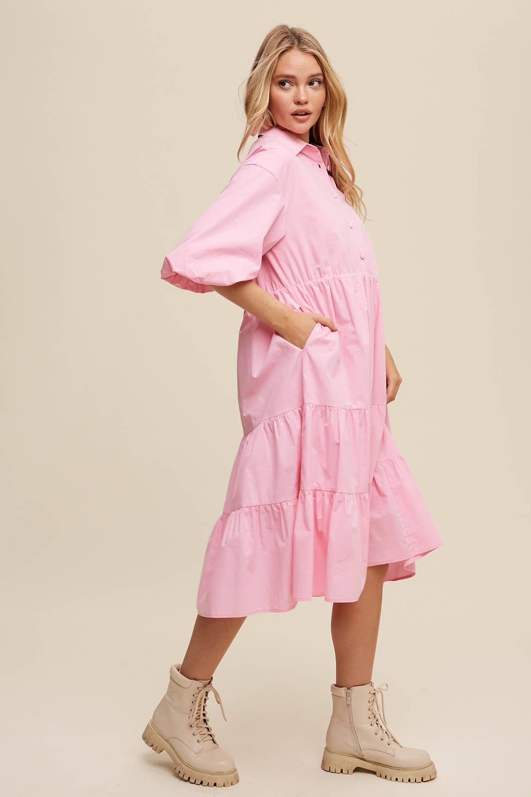 Listicle - Wholesale Dress - Women's - Tiered Poplin Shirt Dress45