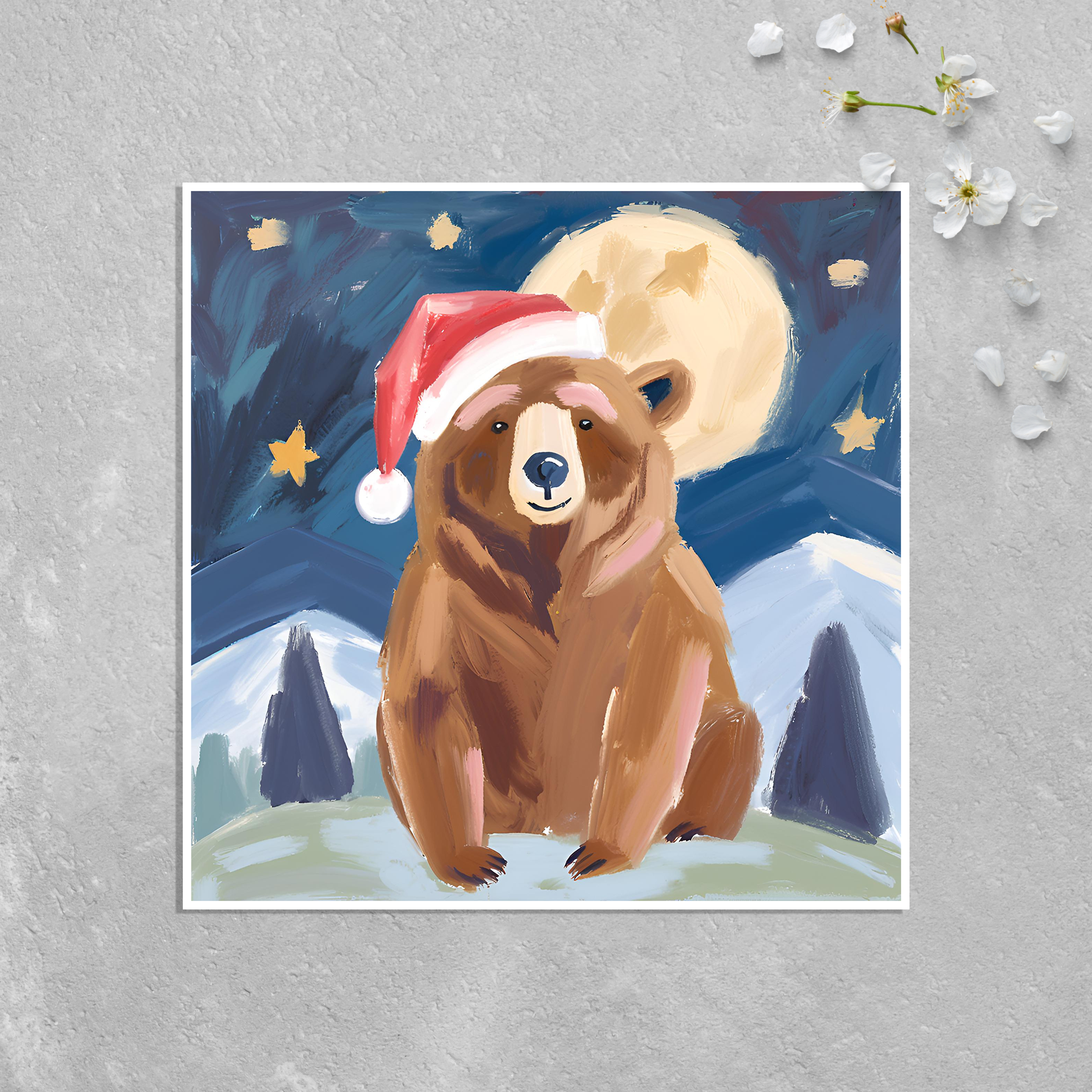 KalooMoon Art - Wholesale Season's Greetings Card - Holiday Card: Christmas Bear with Santa Claus Hat, Mountains2